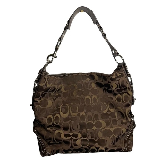 COACH CARLY OPTIC SIGNATURE HOBO BAG IN BROWN F13981 - Picture 1 of 15